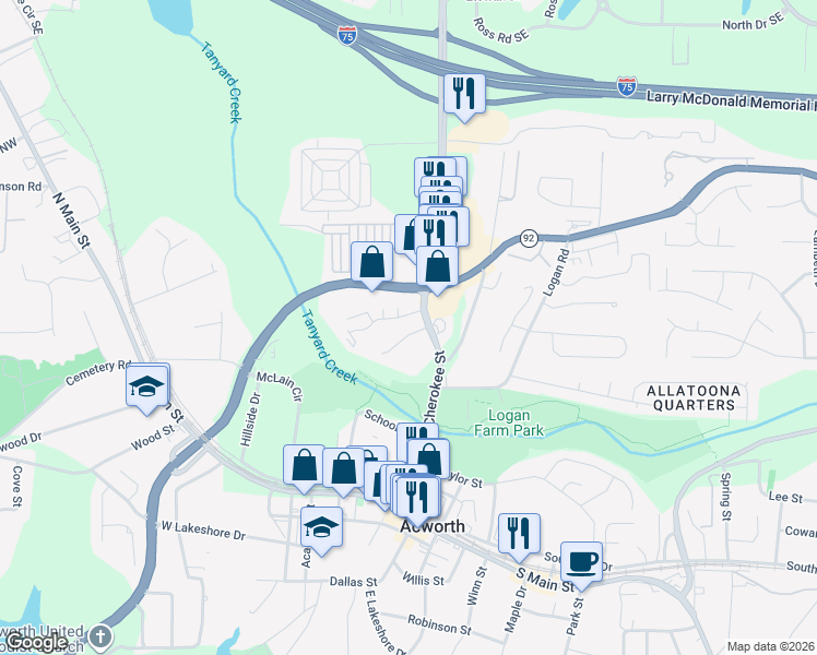map of restaurants, bars, coffee shops, grocery stores, and more near 5049 Jenny Drive in Acworth