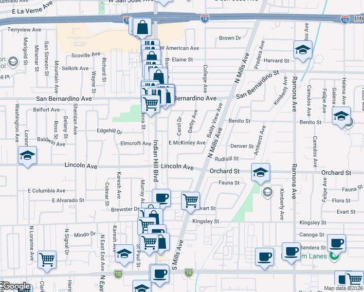 map of restaurants, bars, coffee shops, grocery stores, and more near 1718 East McKinley Avenue in Pomona