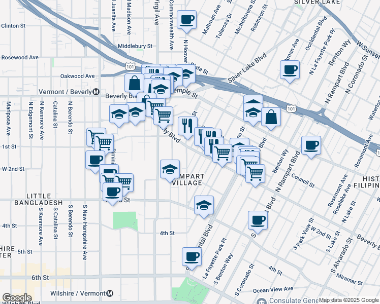 map of restaurants, bars, coffee shops, grocery stores, and more near 3224 Beverly Boulevard in Los Angeles