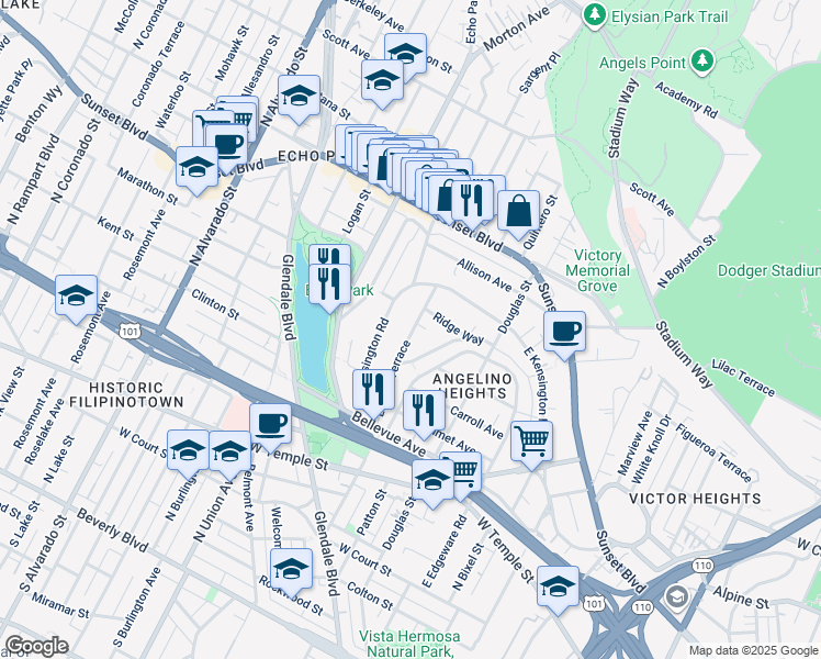 map of restaurants, bars, coffee shops, grocery stores, and more near 843 Laveta Terrace in Los Angeles