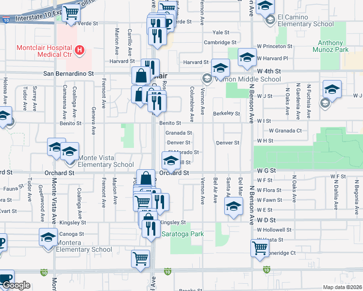 map of restaurants, bars, coffee shops, grocery stores, and more near 5413 Denver Street in Montclair