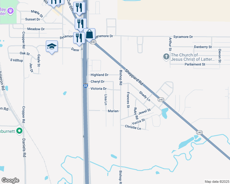 map of restaurants, bars, coffee shops, grocery stores, and more near 1003 Victoria Drive in Burkburnett