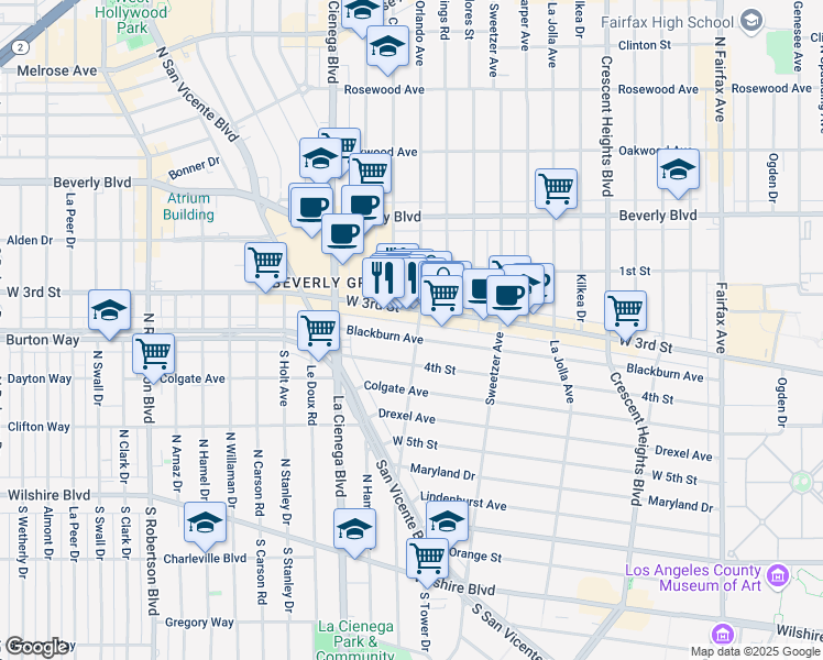 map of restaurants, bars, coffee shops, grocery stores, and more near 8403 Blackburn Avenue in Los Angeles
