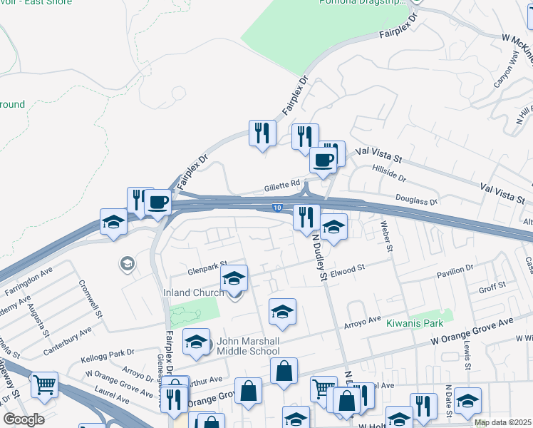 map of restaurants, bars, coffee shops, grocery stores, and more near 1627 Club Drive in Pomona