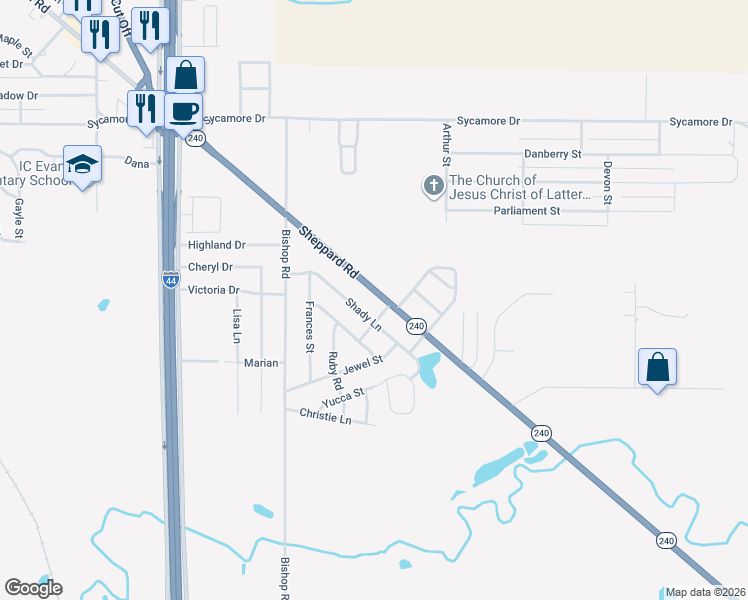 map of restaurants, bars, coffee shops, grocery stores, and more near 1208 Sheppard Road in Burkburnett