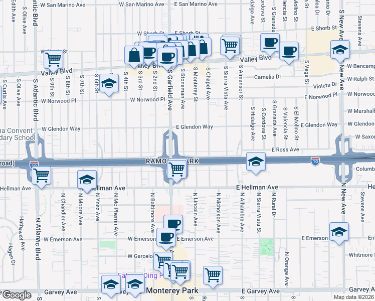 map of restaurants, bars, coffee shops, grocery stores, and more near 1844 South Stoneman Avenue in Alhambra