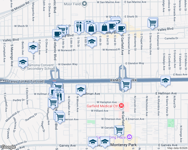 map of restaurants, bars, coffee shops, grocery stores, and more near 1842 South 5th Street in Alhambra