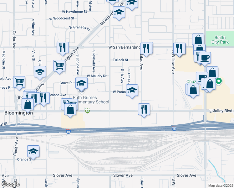 map of restaurants, bars, coffee shops, grocery stores, and more near 659 West Pomona Avenue in Bloomington