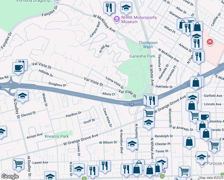 map of restaurants, bars, coffee shops, grocery stores, and more near 756 Val Vista Street in Pomona