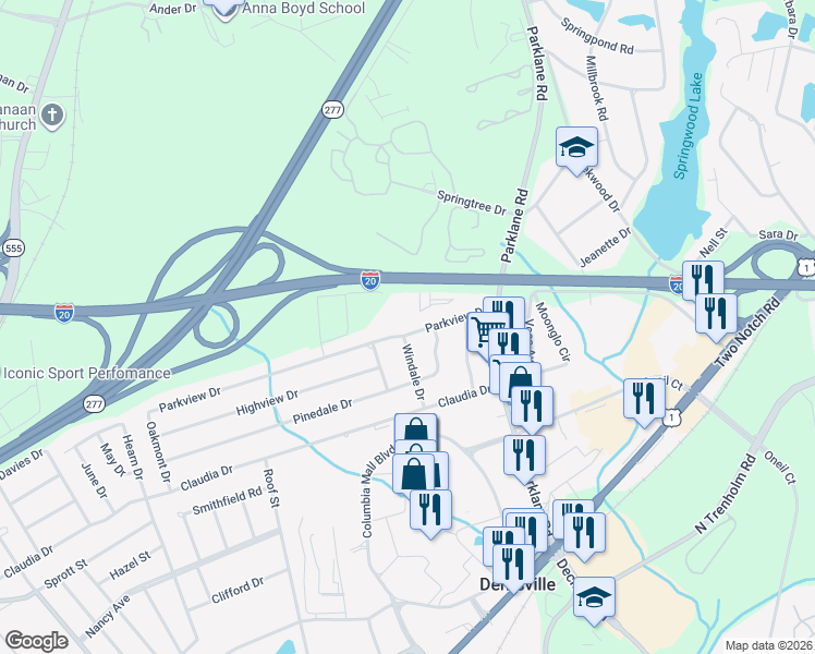 map of restaurants, bars, coffee shops, grocery stores, and more near 7603 Parkview Drive in Columbia