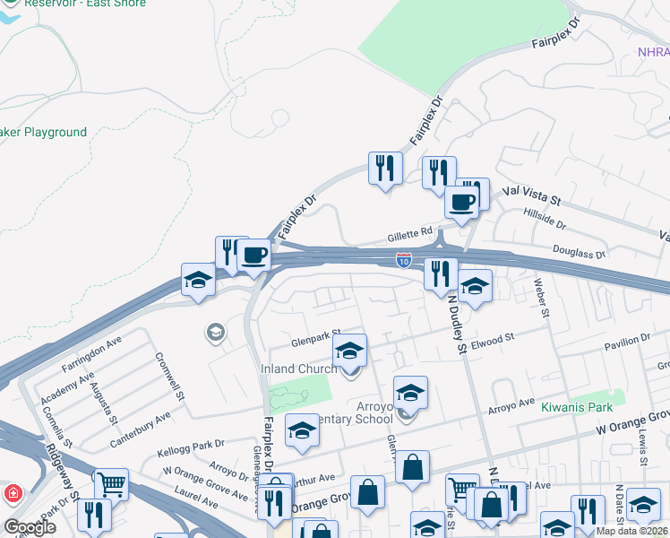 map of restaurants, bars, coffee shops, grocery stores, and more near 1731 Club Drive in Pomona