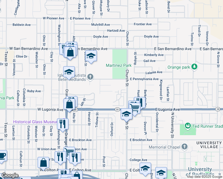 map of restaurants, bars, coffee shops, grocery stores, and more near 539 Hidalgo Avenue in Redlands