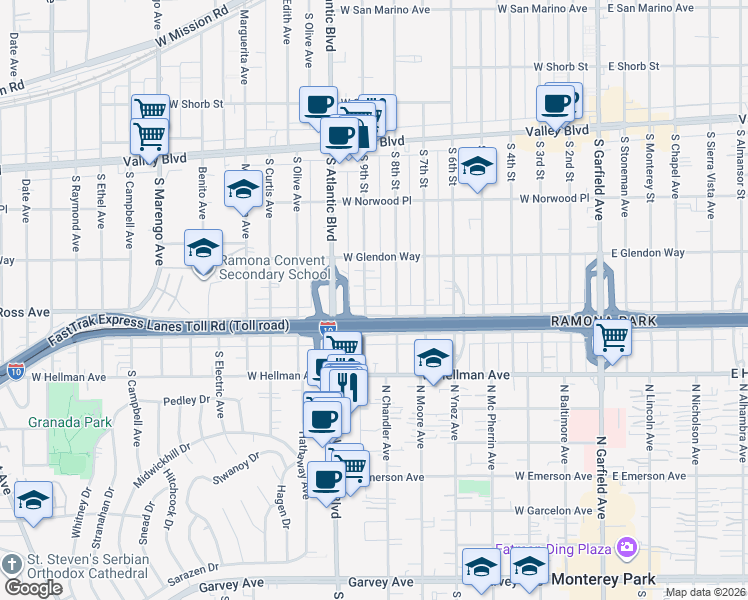 map of restaurants, bars, coffee shops, grocery stores, and more near 1842 South 9th Street in Alhambra