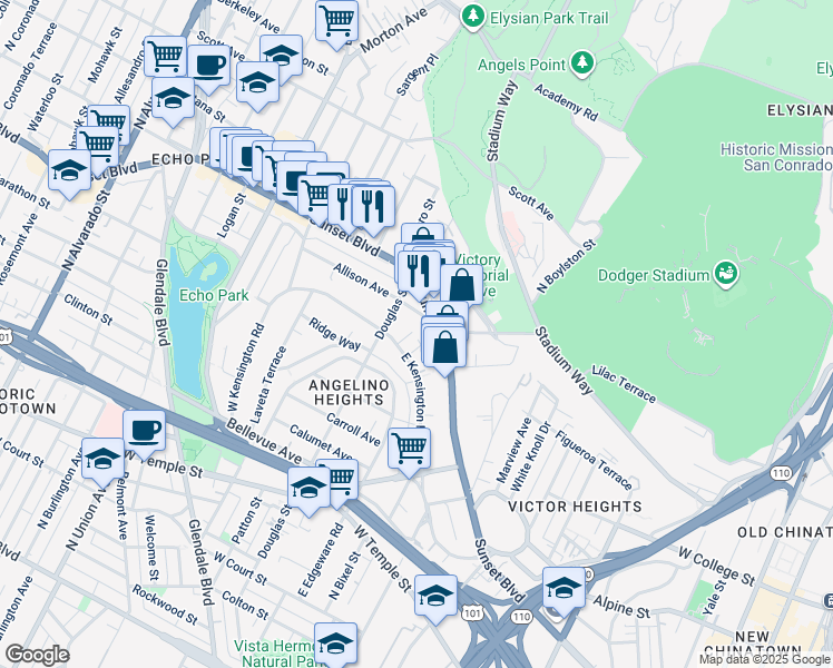 map of restaurants, bars, coffee shops, grocery stores, and more near 844 East Kensington Road in Los Angeles