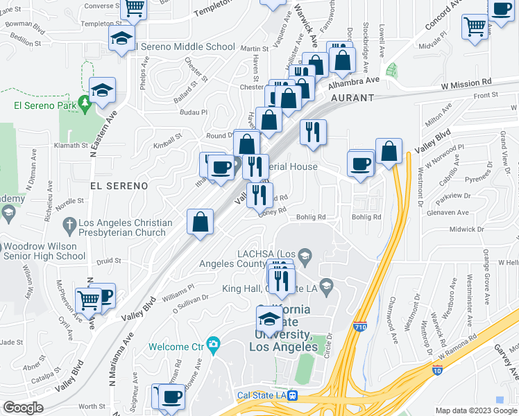 map of restaurants, bars, coffee shops, grocery stores, and more near 5232 Borland Road in Los Angeles