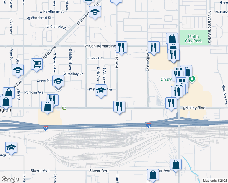 map of restaurants, bars, coffee shops, grocery stores, and more near 515 West Pomona Avenue in Bloomington