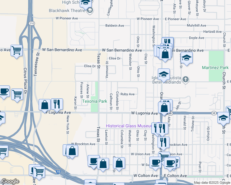 map of restaurants, bars, coffee shops, grocery stores, and more near 1411 Columbia Street in Redlands