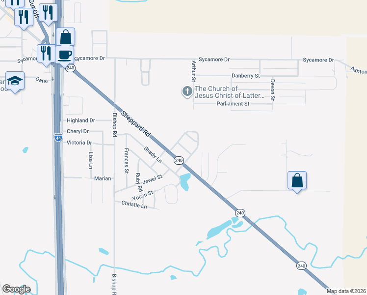 map of restaurants, bars, coffee shops, grocery stores, and more near 1305 Eleanor Street in Burkburnett