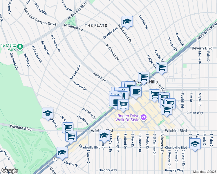 map of restaurants, bars, coffee shops, grocery stores, and more near 521 North Rodeo Drive in Beverly Hills
