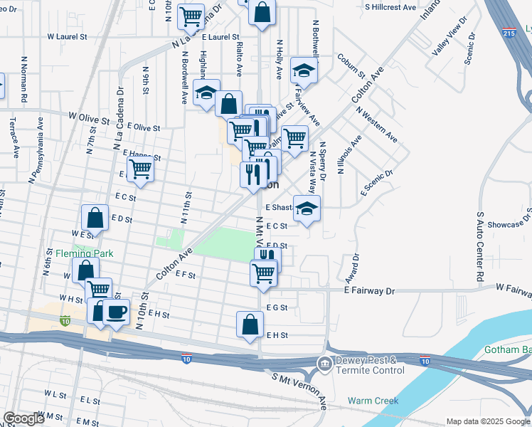 map of restaurants, bars, coffee shops, grocery stores, and more near 818 North Mount Vernon Avenue in Colton