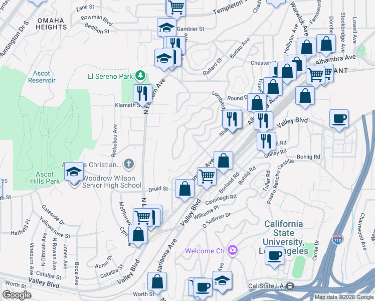 map of restaurants, bars, coffee shops, grocery stores, and more near 4940 La Calandria Way in Los Angeles