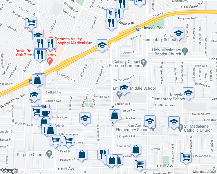 map of restaurants, bars, coffee shops, grocery stores, and more near 486 Roosevelt Avenue in Pomona