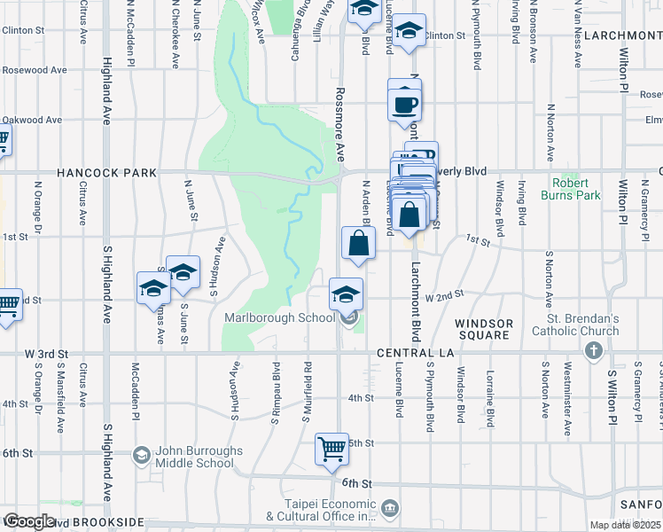 map of restaurants, bars, coffee shops, grocery stores, and more near 121 South Rossmore Avenue in Los Angeles