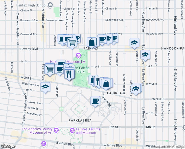 map of restaurants, bars, coffee shops, grocery stores, and more near 136 South Gardner Street in Los Angeles