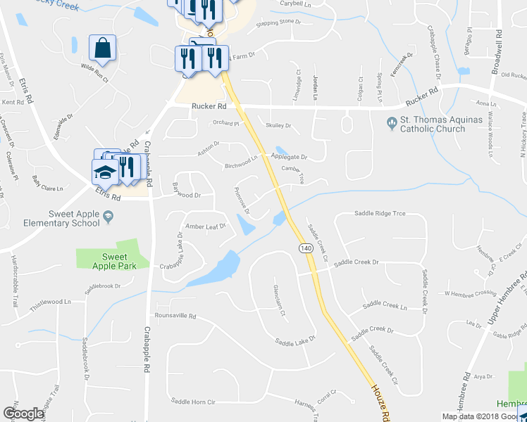 map of restaurants, bars, coffee shops, grocery stores, and more near 1275 Primrose Drive in Roswell