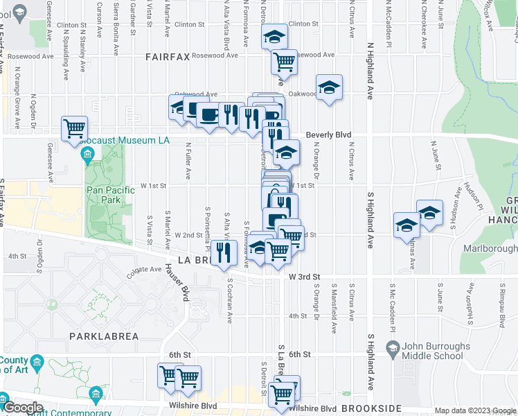 map of restaurants, bars, coffee shops, grocery stores, and more near 139 S Detroit St in Los Angeles
