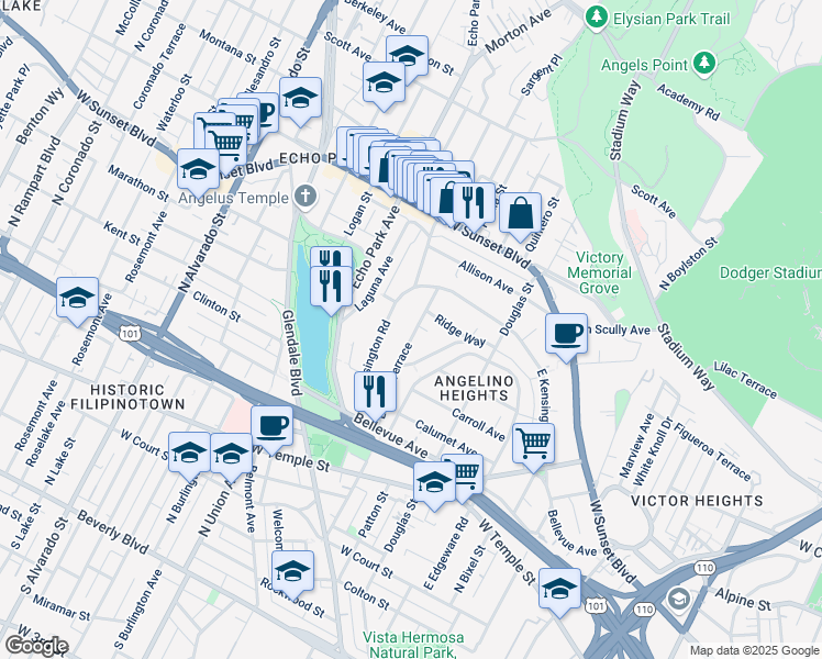 map of restaurants, bars, coffee shops, grocery stores, and more near 843 Laveta Terrace in Los Angeles