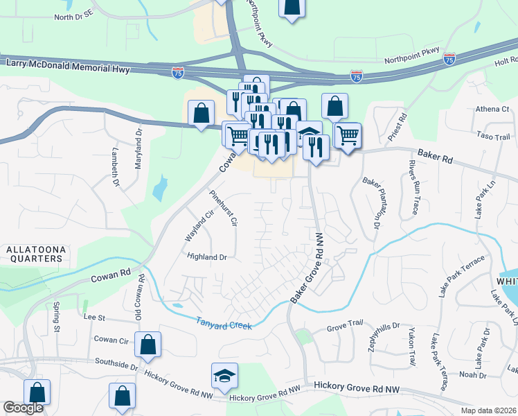 map of restaurants, bars, coffee shops, grocery stores, and more near 276 Windcroft Lane Northwest in Acworth
