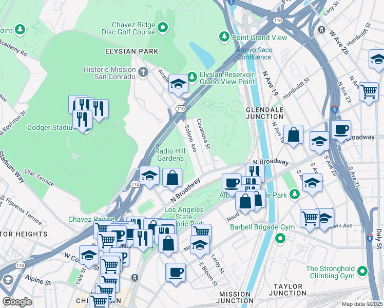 map of restaurants, bars, coffee shops, grocery stores, and more near 456 Solano Avenue in Los Angeles