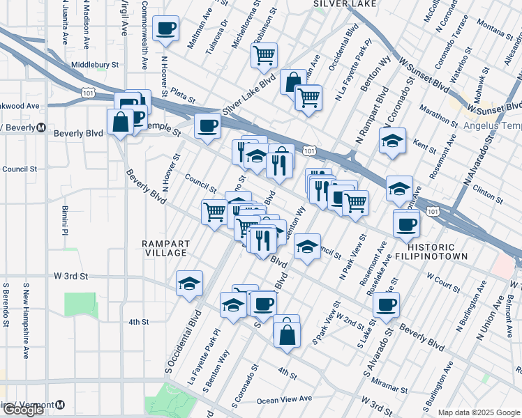 map of restaurants, bars, coffee shops, grocery stores, and more near 2748 Hyans Street in Los Angeles