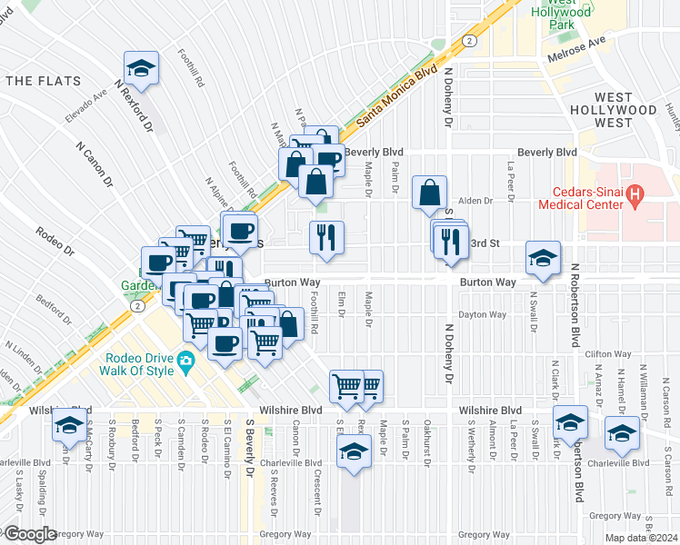 map of restaurants, bars, coffee shops, grocery stores, and more near 9267 Burton Way in Beverly Hills
