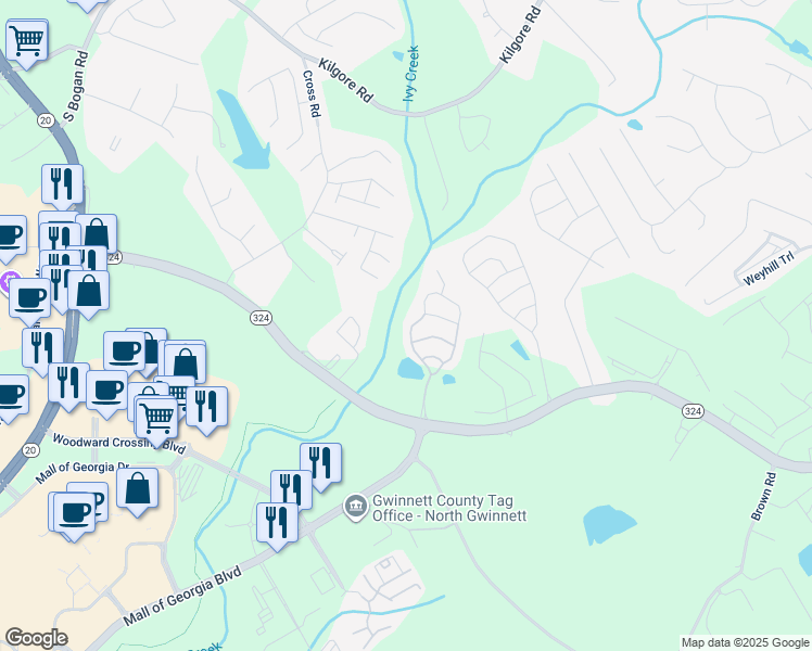 map of restaurants, bars, coffee shops, grocery stores, and more near 3060 Cedar Glade Lane Northeast in Buford