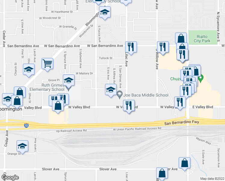 map of restaurants, bars, coffee shops, grocery stores, and more near 599 West Pomona Avenue in Bloomington