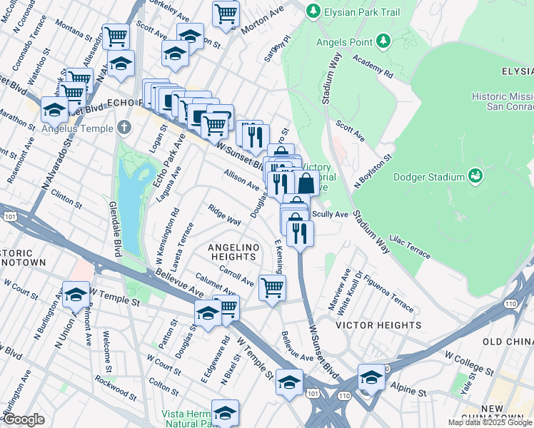 map of restaurants, bars, coffee shops, grocery stores, and more near 850 East Kensington Road in Los Angeles