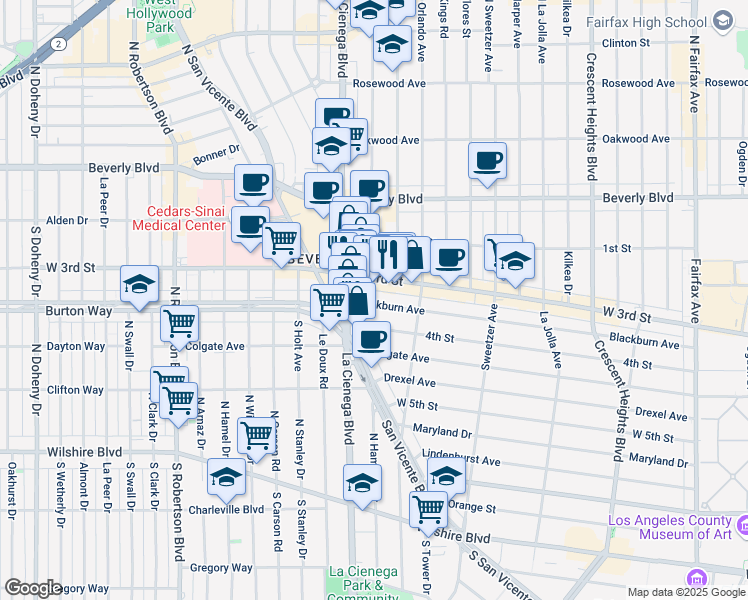 map of restaurants, bars, coffee shops, grocery stores, and more near 8457 Blackburn Avenue in Los Angeles