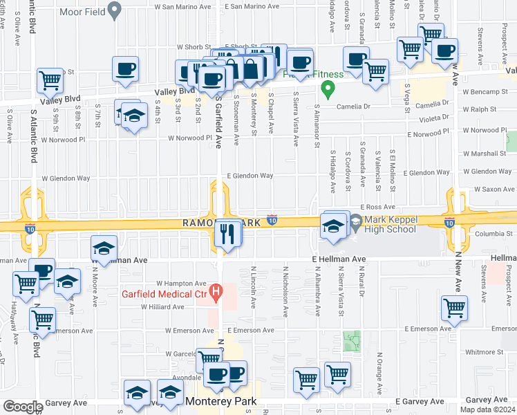 map of restaurants, bars, coffee shops, grocery stores, and more near 1844 South Monterey Street in Alhambra