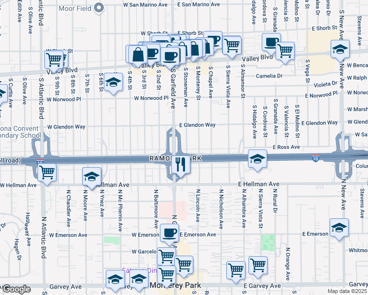 map of restaurants, bars, coffee shops, grocery stores, and more near 1847 South Stoneman Avenue in Alhambra