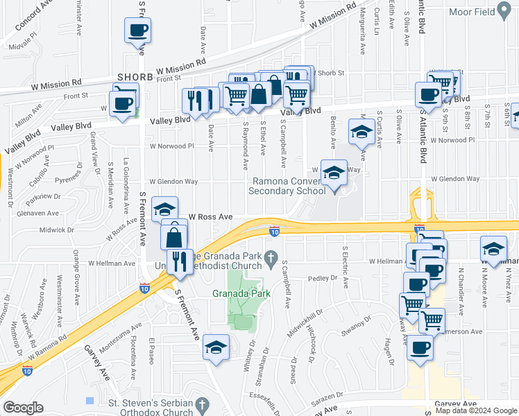 map of restaurants, bars, coffee shops, grocery stores, and more near 1813 South Ethel Avenue in Alhambra