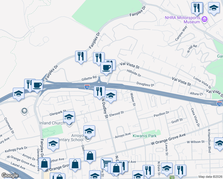 map of restaurants, bars, coffee shops, grocery stores, and more near 1581 Stratus Drive in Pomona