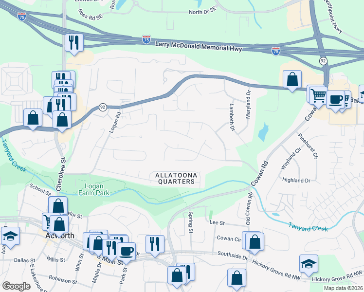 map of restaurants, bars, coffee shops, grocery stores, and more near 3700 Meadowsweet Court in Acworth