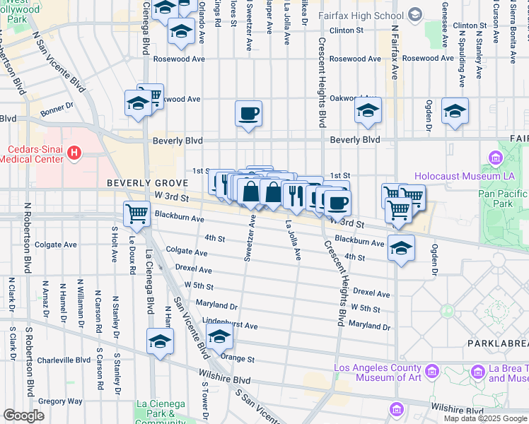 map of restaurants, bars, coffee shops, grocery stores, and more near 8250 West 3rd Street in Los Angeles