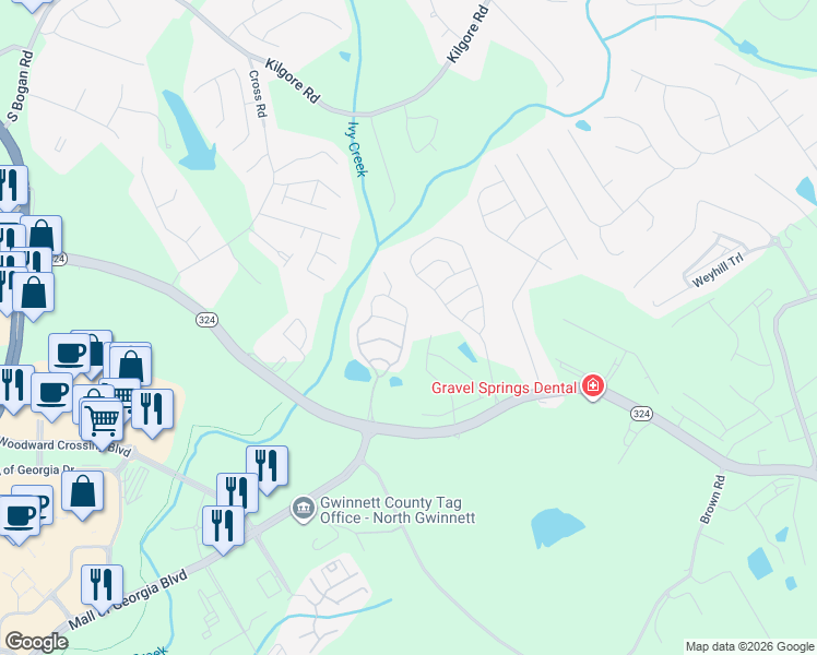 map of restaurants, bars, coffee shops, grocery stores, and more near 3164 Cedar Glade Lane Northeast in Buford