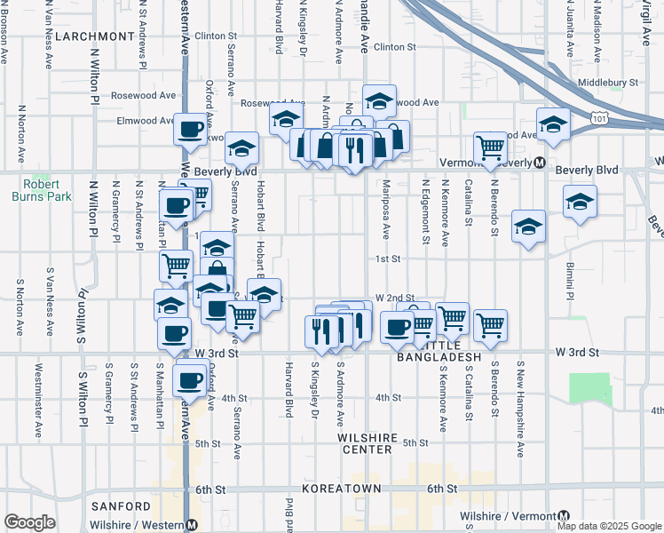 map of restaurants, bars, coffee shops, grocery stores, and more near 143 South Ardmore Avenue in Los Angeles