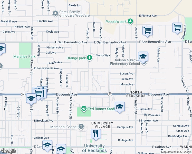 map of restaurants, bars, coffee shops, grocery stores, and more near 1251 East Lugonia Avenue in Redlands