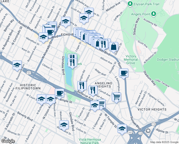 map of restaurants, bars, coffee shops, grocery stores, and more near 843 Laveta Terrace in Los Angeles