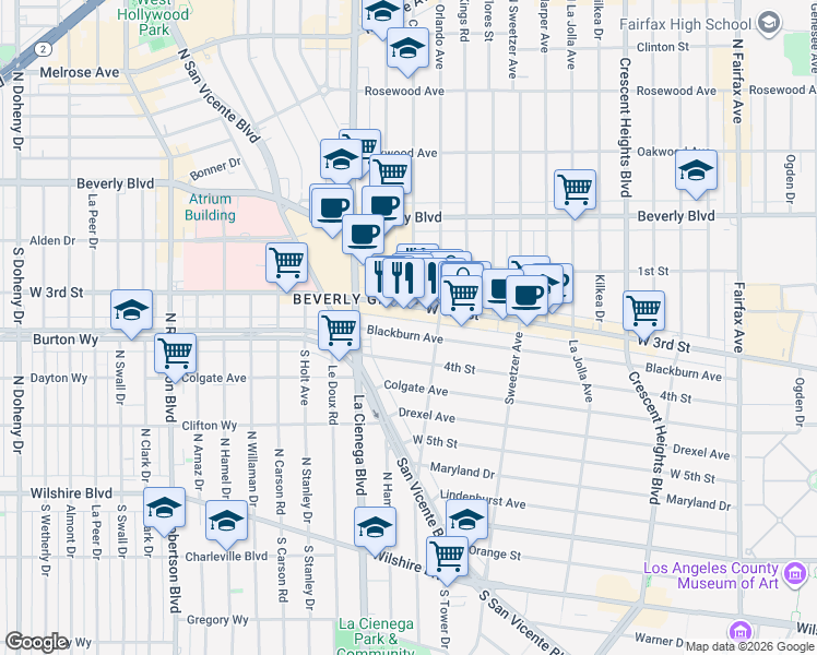 map of restaurants, bars, coffee shops, grocery stores, and more near 8433 Blackburn Avenue in Los Angeles